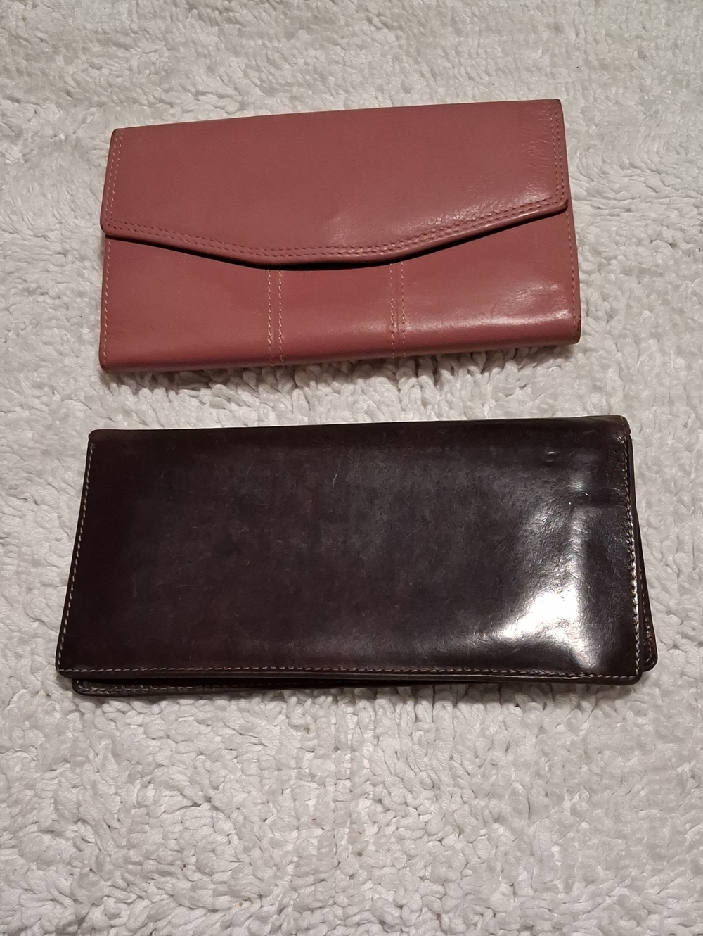 Bosca Dark Brown Leather Checkbook Cover & a Pink Leather Wallet Bundle